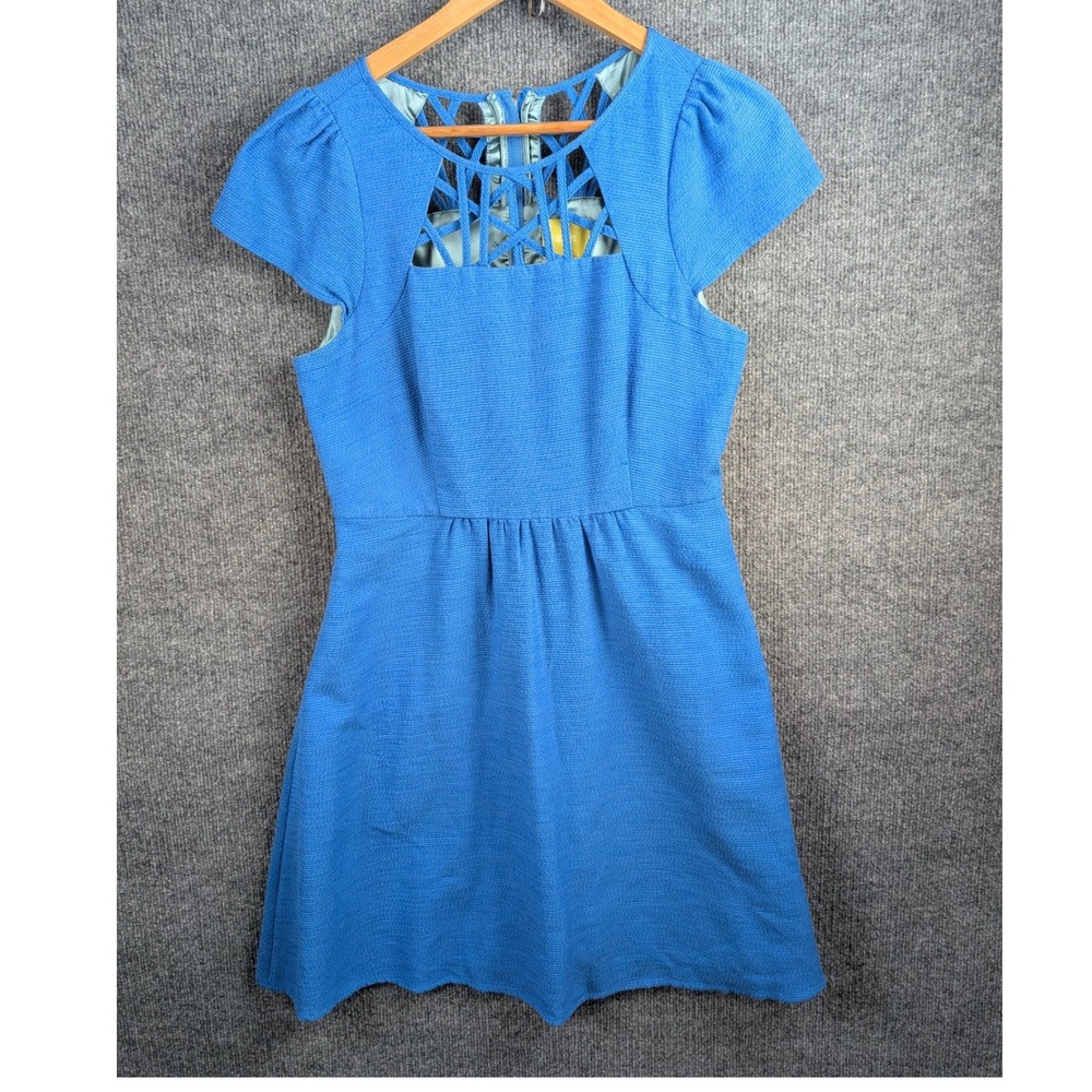 Maeve Anthropologie Blue Lattice Cutout Fit Flare Dress Short Sleeve Size 6